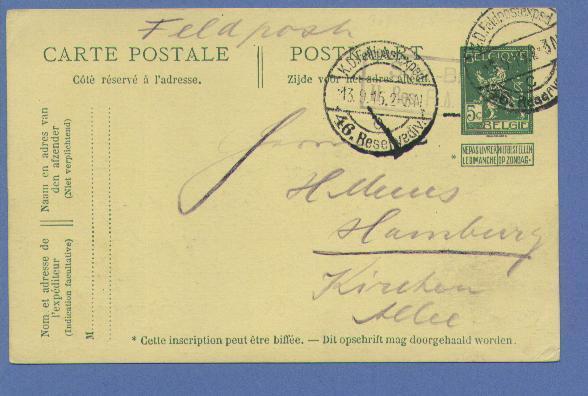 Entier Met Stempel K.D.FELDPOSTEXPED 46.Reservediv Op 13/9/15 - 1912 Pellens