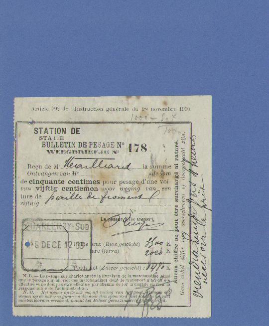 Bulletin De Pasage / Station  , Cachat Chemin De Fer CHARLEROY-SUD 5/12/1903 - Post Office Leaflets