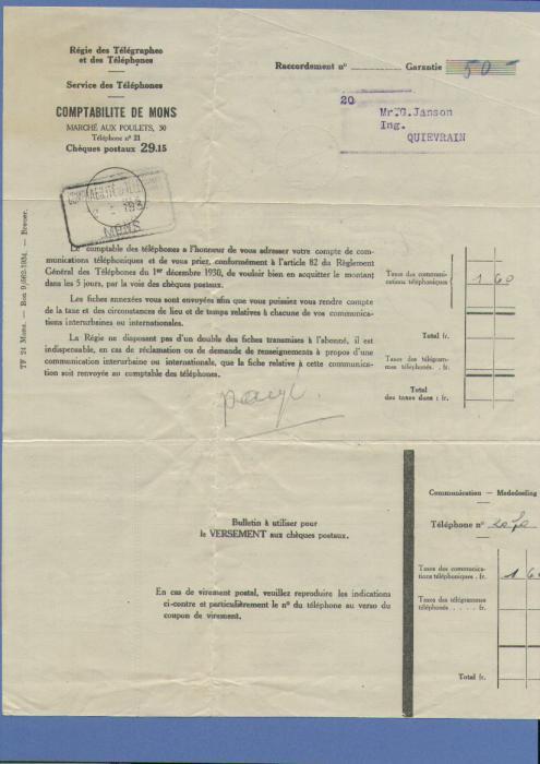 Dokument Regie Des Télégraphes Et Des Téléphones / Stempel COMPTABILITE DE MONS - Volantini Postali