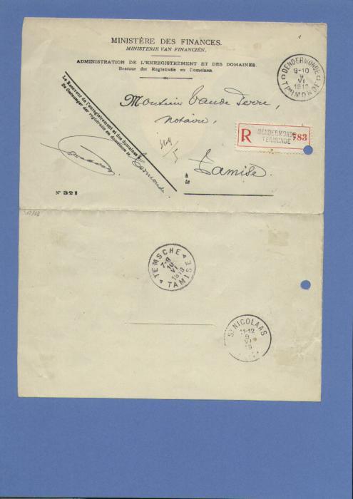 Portvrije Aangetekende Brief Verzonden Van Dendermonde Op 9/6/1919 , Naar TEMSCHE - Other & Unclassified