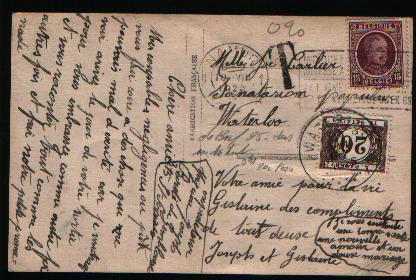 195 Op Postkaart Met Strafportzegel TX 34, Met Cirkelstempel WATERLOO Op 11/8/1925 - 1922-1927 Houyoux