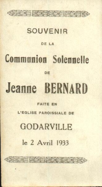 Souvenir De Communion Solennelle De Jeanne Bernard, Église Paroissiale De Godarville, 2/4/1933 - Andachtsbilder