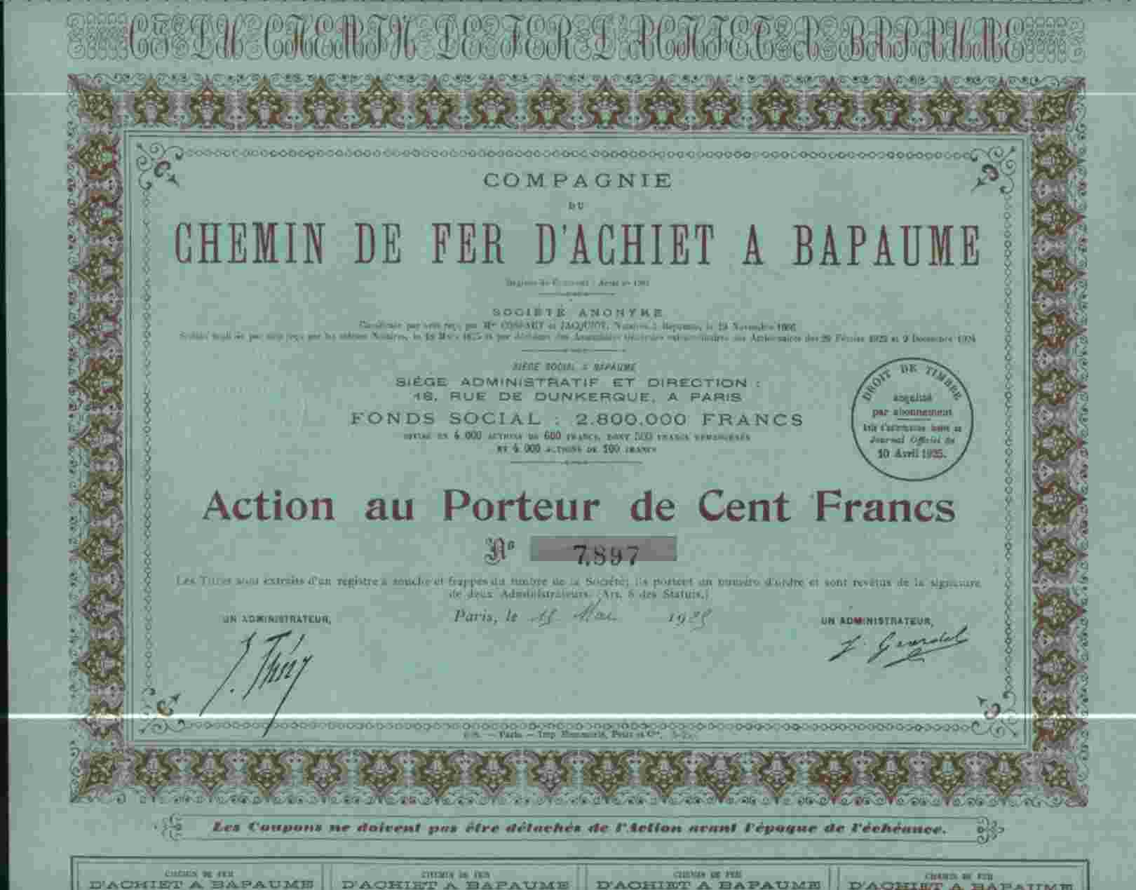 CIE DU CHEMIN DE FER D´ ACHIET A BAPAUME - Chemin De Fer & Tramway