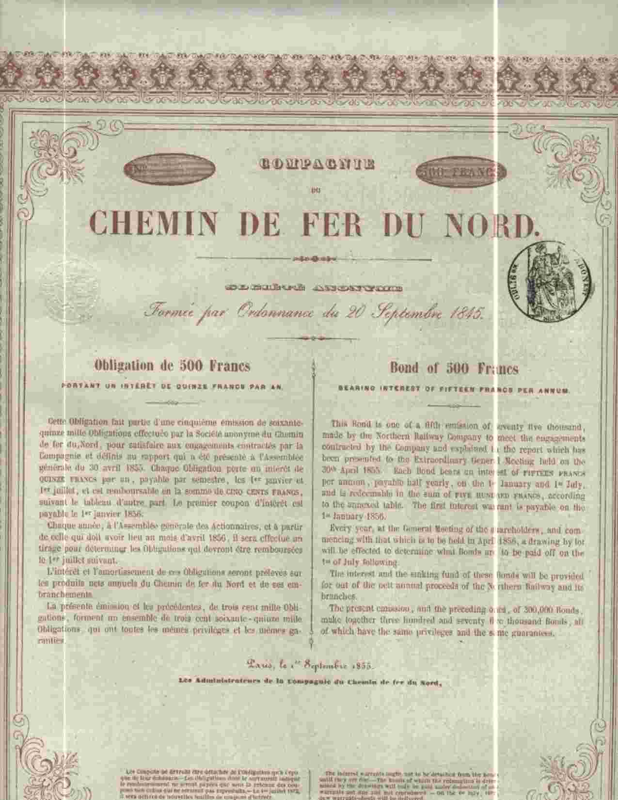 CIE. DU CHEMIN DE FER DU NORD  (FORMEE PAR ORDONNANCE LE 20.09.1845) - Chemin De Fer & Tramway