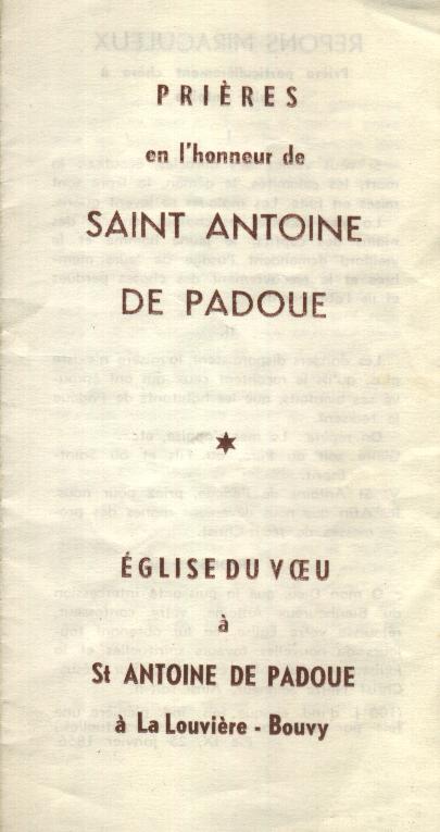 Prières En L´honneur De Saint Antoine De Padoue Église Du Voeu, La Louvière Bouvy - Images Religieuses