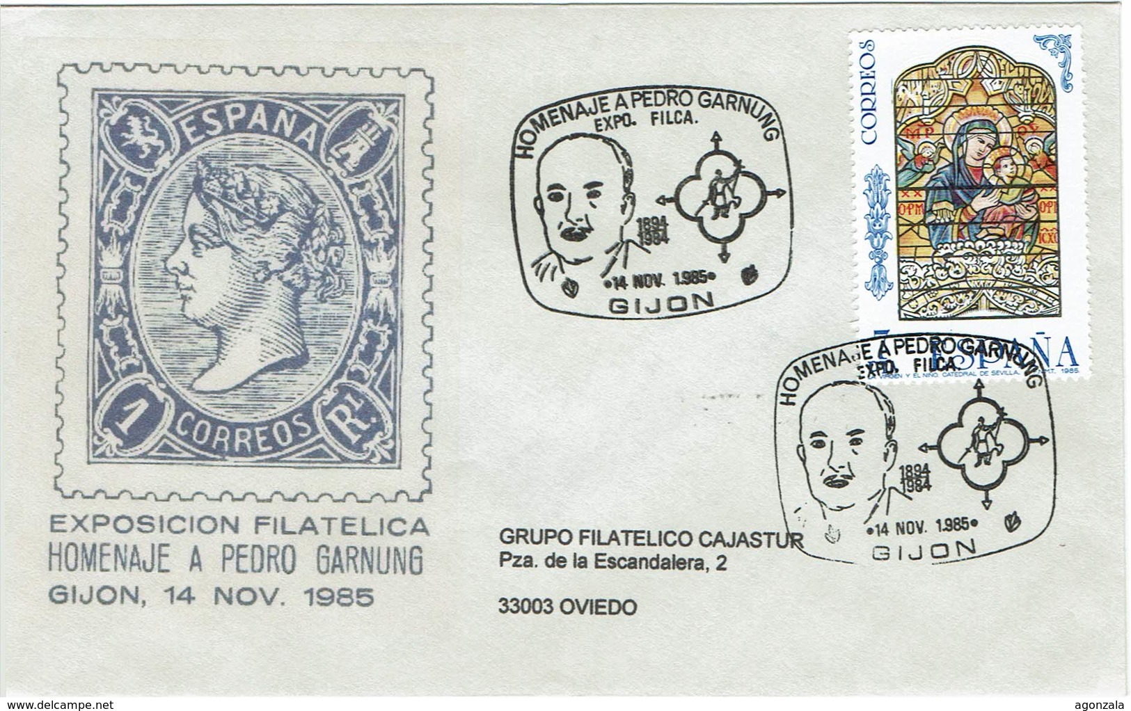 ENVELOPE CANCELLATION EXPOSITION PHILATÉLIQUE - PEDRO GARNUNG - PELAYO 1985 - Otros & Sin Clasificación