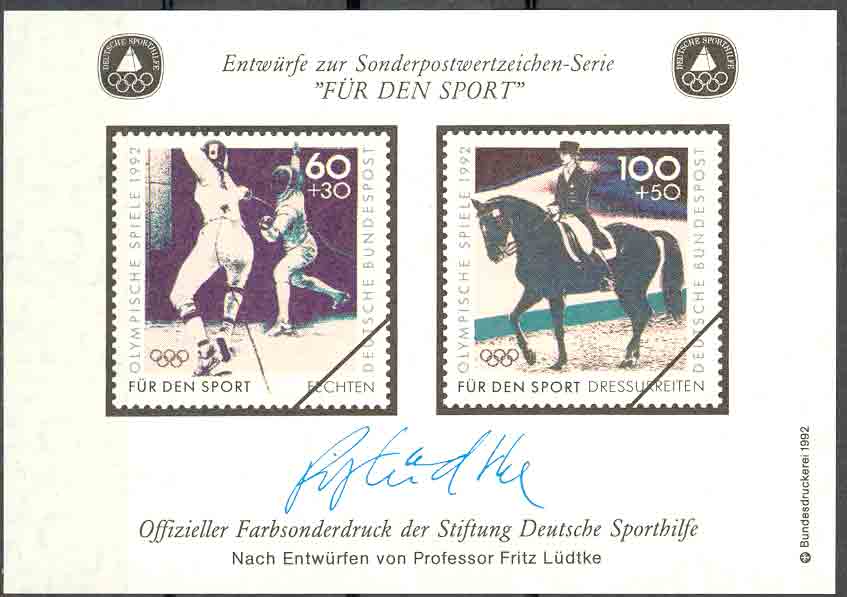 RARE épreuve/projet De Timbres Allemand 1992. Jeux Olympiques De Barcelone 1992. Escrime, Equitation HORSING FENCING. - Fechten