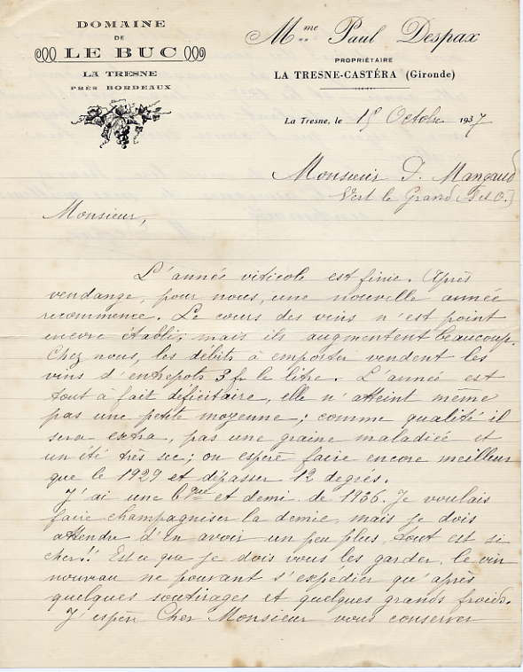 Lettre à En-tête-Vin-1937---DOMAINE De LE BUC Mme Paul Despax à LA TRESNE-CASTERA Près Bordeaux- - Rechnungen