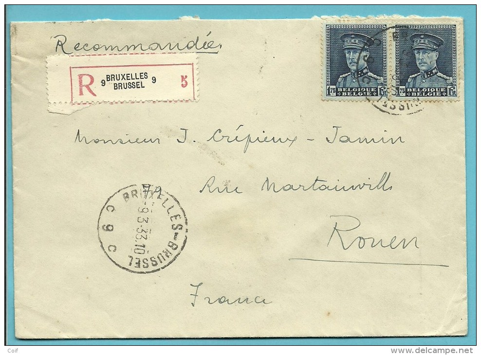 320(x2) Op Aangetekende Brief , Cirkelstempel BRUSSEL 9 Op 9/3/1933 Naar France - 1931-1934 Kepi