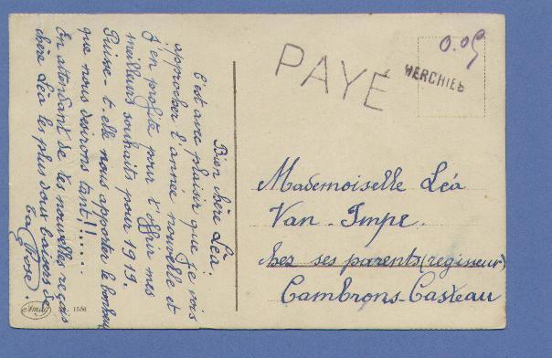 Postkaart Met Naamstempel HERCHIES En Stempel  " PAYE " (noodstempels) ! - Fortune (1919)