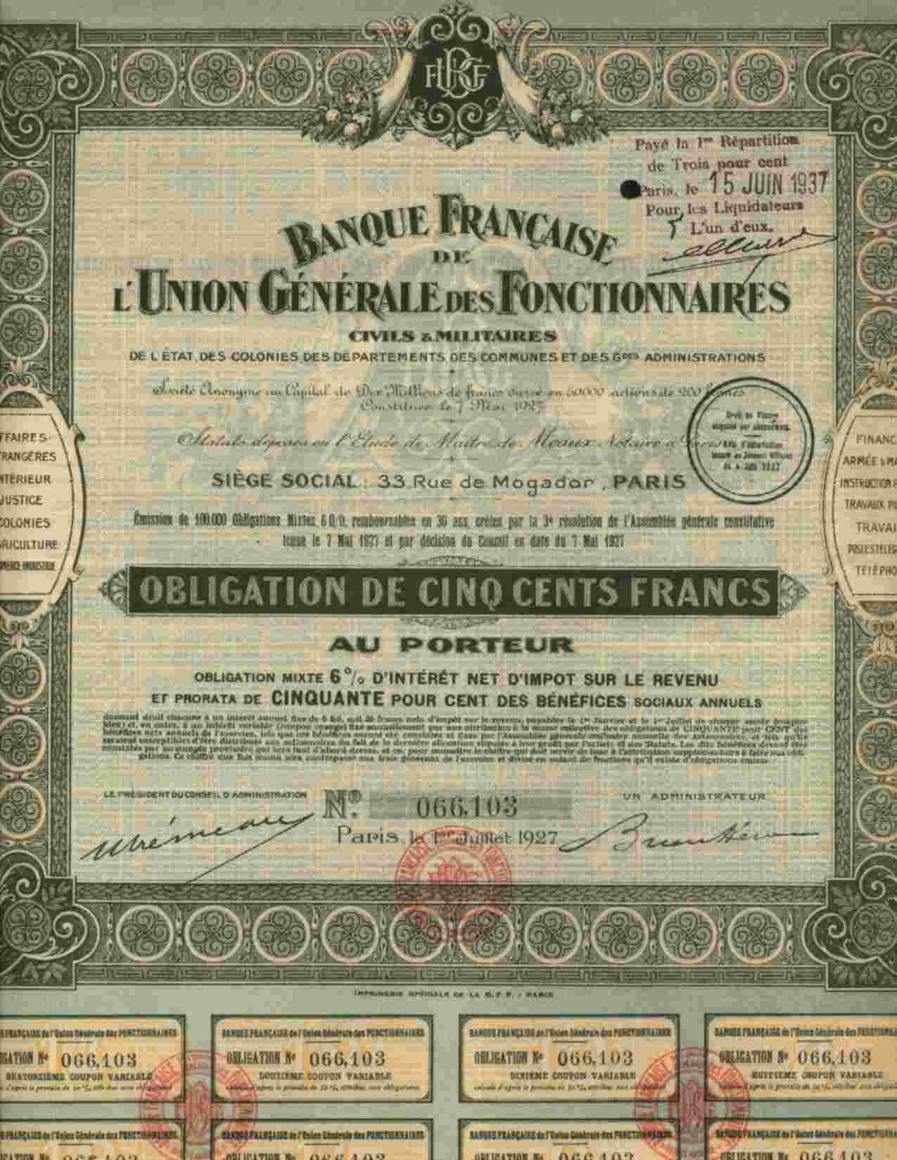 BANQUE FRANCAISE DE L´UNION GENERALE DES FONCTIONNAIRES (CIVILES & MILITAIRES) - Bank & Versicherung