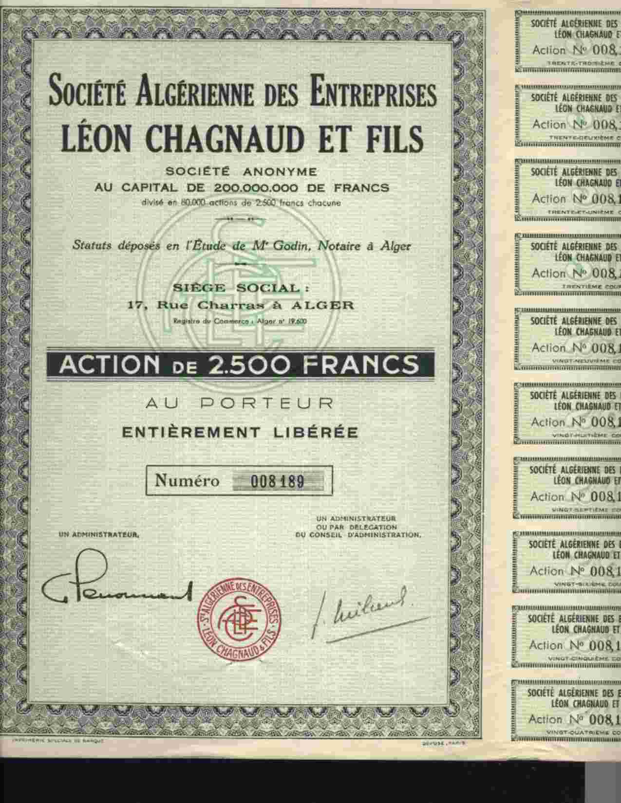 STE ALGERIENNE DES ENTREPRISES LEON CHAGNAUD & FILS (ALGER) - Africa