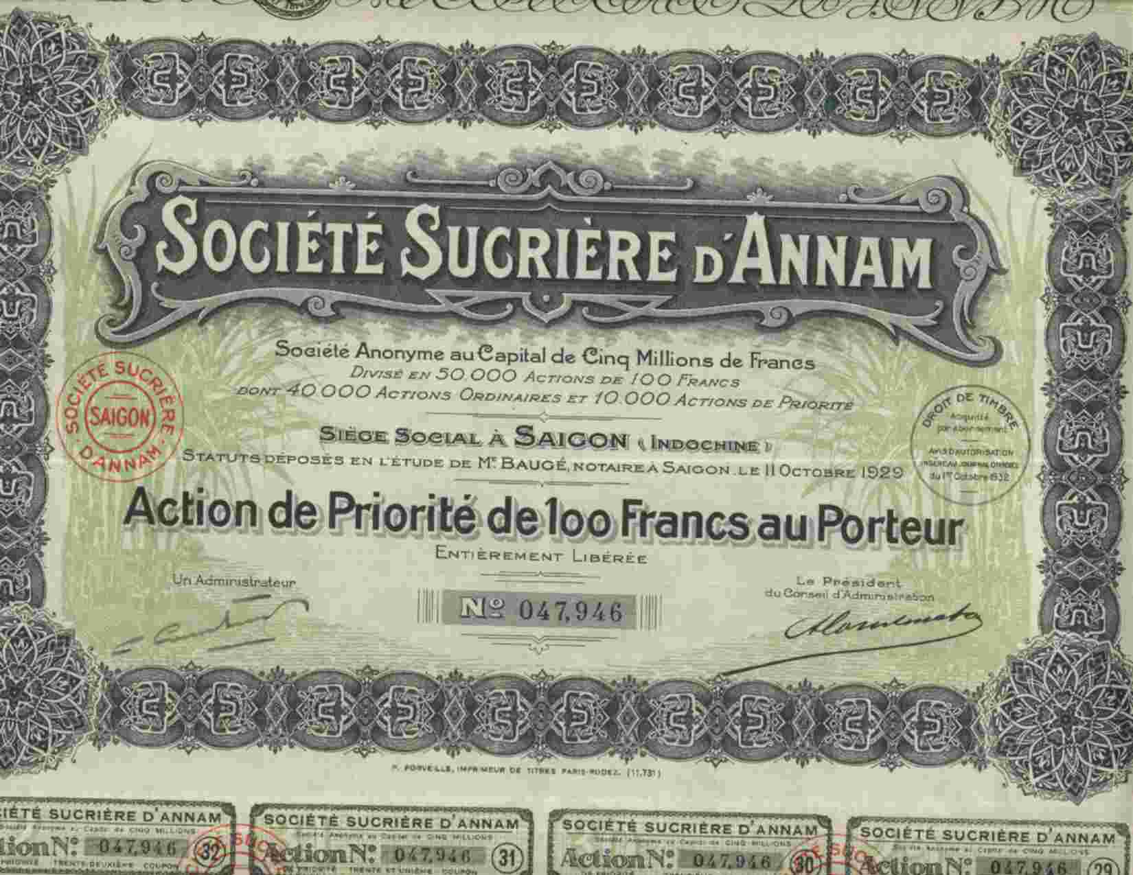 RARE / DECO: SOCIETE SUCRIERE D´ANNAM( ACT DE.PRIORITE !) ( INDOCHINE) - Altri & Non Classificati