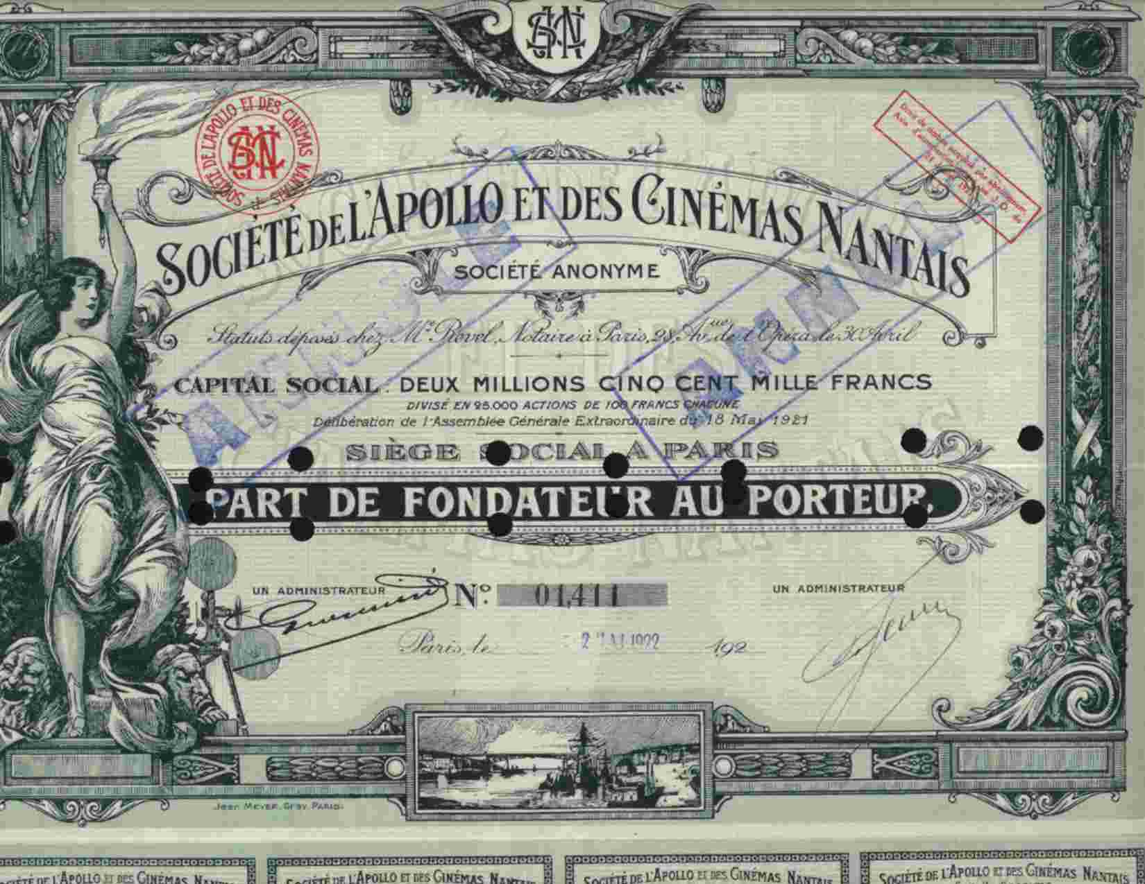 SUPERBE :  STE DE L'APOLLO ET DES CINEMAS NANTAIS    (PART) - Cinéma & Théatre