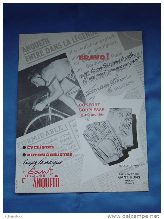 Publicité Cartonnée "GANT JACQUES ANQUETIL" Cyclisme - Vélo. - Pappschilder