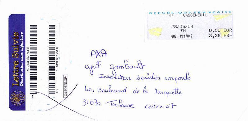 France : Lettre Avec étiquette "lettre Suivie..." Et Vignette Affranchissement Du 28-05-2004. - Briefe U. Dokumente