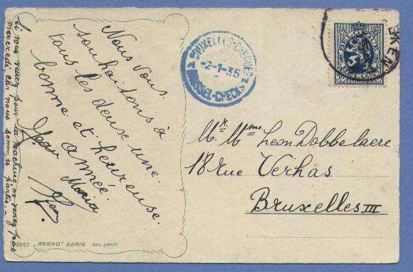 285 Op Kaart Met Bestemming Bruxelles III, Bij Aankomst De Blauwe Stempel BRUXELLES -CHEQUES / BRUSSEL- CHECKS Op 2/1/35 - 1929-1937 Leone Araldico