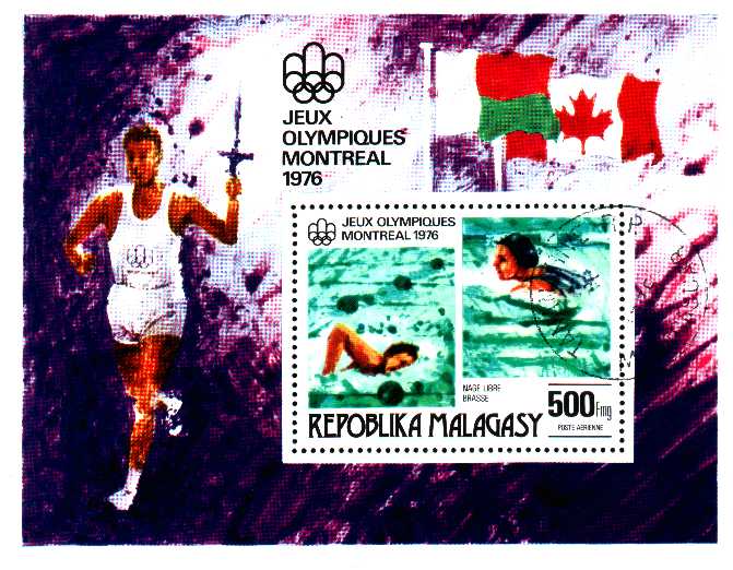 Malagasy 1976 Bloc Dentelé 1 Timbre JO Montréal  Natation Porte Flamme - Ete 1976: Montréal