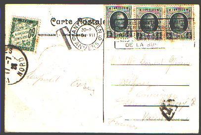 193 (x3) Op Postkaart , Getaxeerd In France Met Tx-zegel Van 60c - 1922-1927 Houyoux