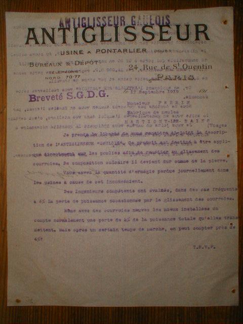 ANTIGLISSEUR GAULOIS. USINE A PONTARLIER. PARIS.17 SEPTEMBRE 1919 - Other & Unclassified