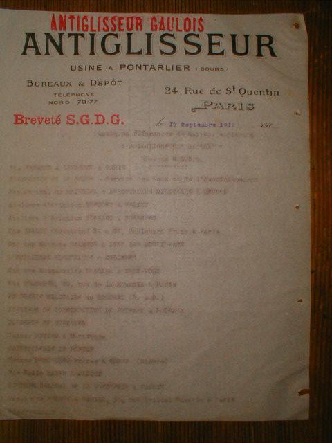ANTIGLISSEUR GAULOIS. USINE A PONTARLIER. PARIS.17 SEPTEMBRE 1919 - Other & Unclassified