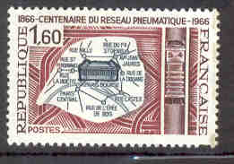 TIMBRE MNH FRANCE 1966 CENTENAIRE DU RESEAU PNEUMATIQUE CARTE AVEC LES RUES DE PARIS - Altri (Terra)
