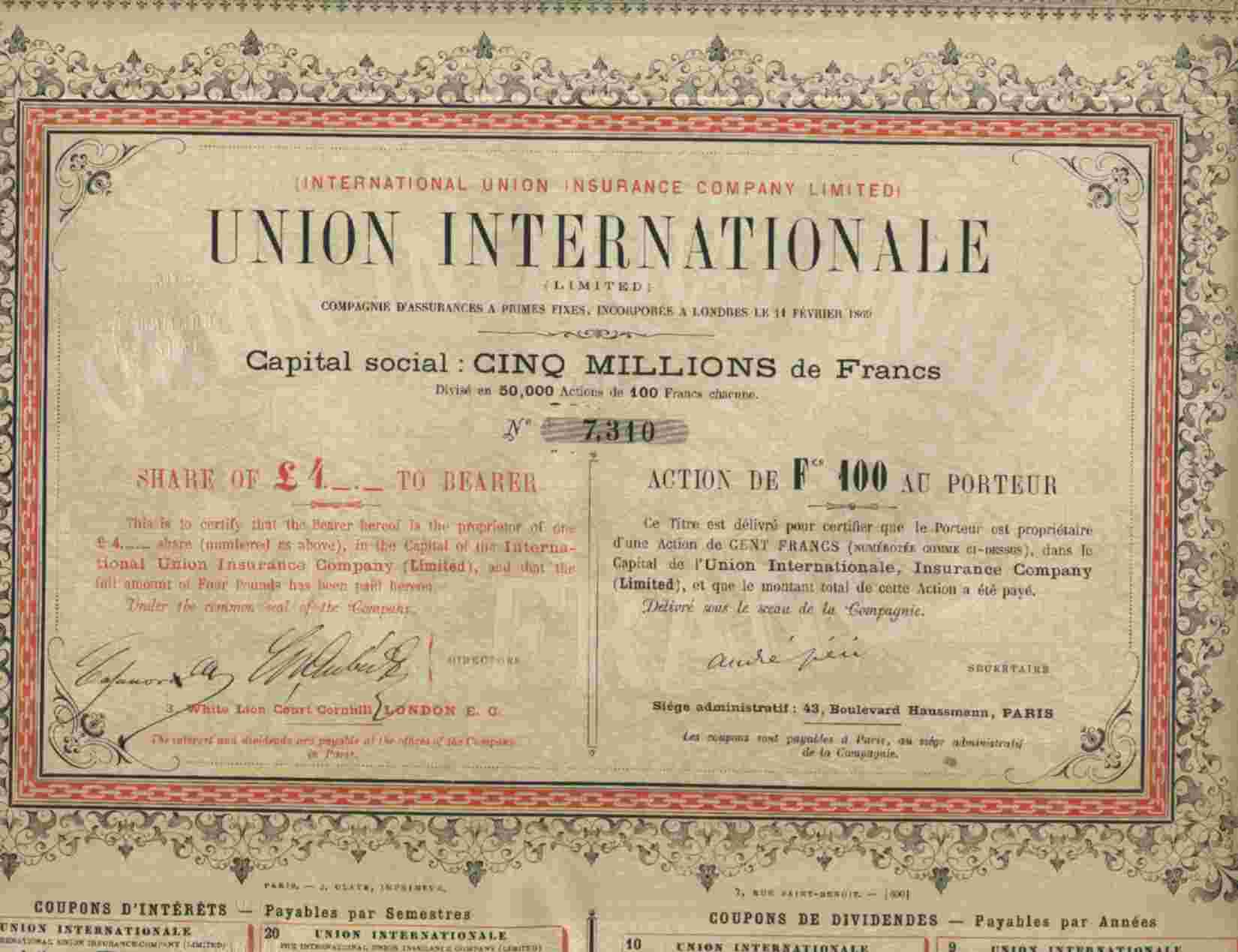 RARE : UNION INTERNATIONALE LTD ( INTERNATIONAL UNION INSURANCE CY)  ( 1869 ) - Banque & Assurance