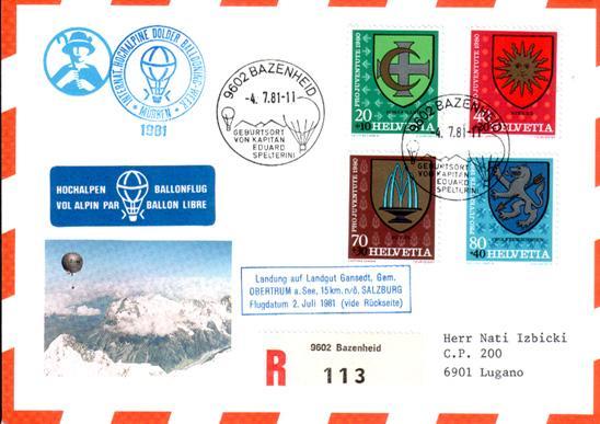 Lot 38: Lettre Recommandée Avec Série Pro Juvente 1980, Traversée Des Alpes Avec Diverses Oblitérations - Fesselballons