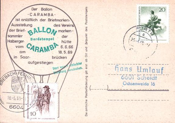 Lot 41: Carte Postale Avec Grand Cachet De Bord Du Ballon Caramba, Cachet De Départ 18.05.69, - Fesselballons