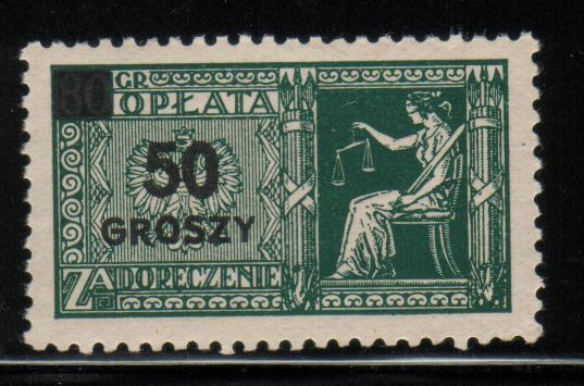 POLAND 1937 COURT DELIVERY FEE 50 GR OPT ON 80 GR GREEN - Revenue Stamps