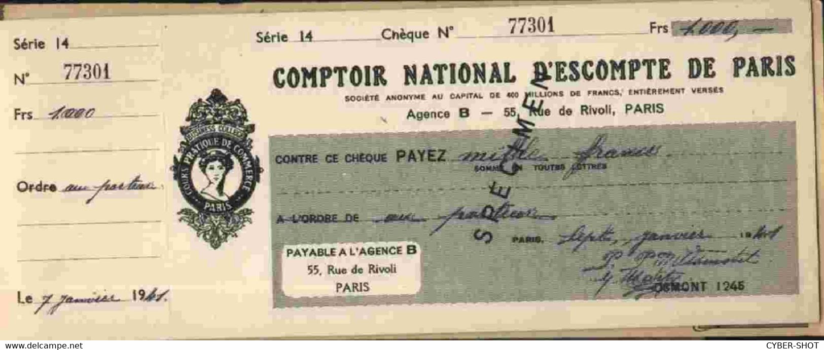 RARE : SPECIMEN COMPTOIR NATIONAL D'ESCOMPTE DE PARIS - Bank & Insurance