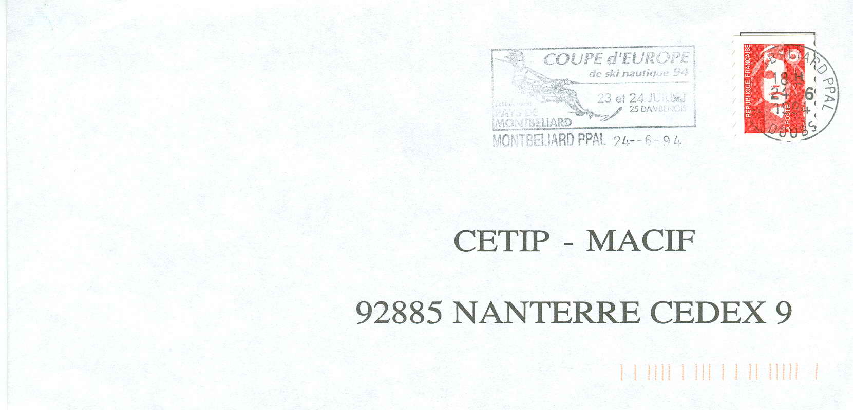 SKI NAUTIQUE FRANCE OBLITERATION TEMPORAIRE 1994 MONTBELIARD COUPE D EUROPE DE SKI NAUTIQUE - Sci Nautico
