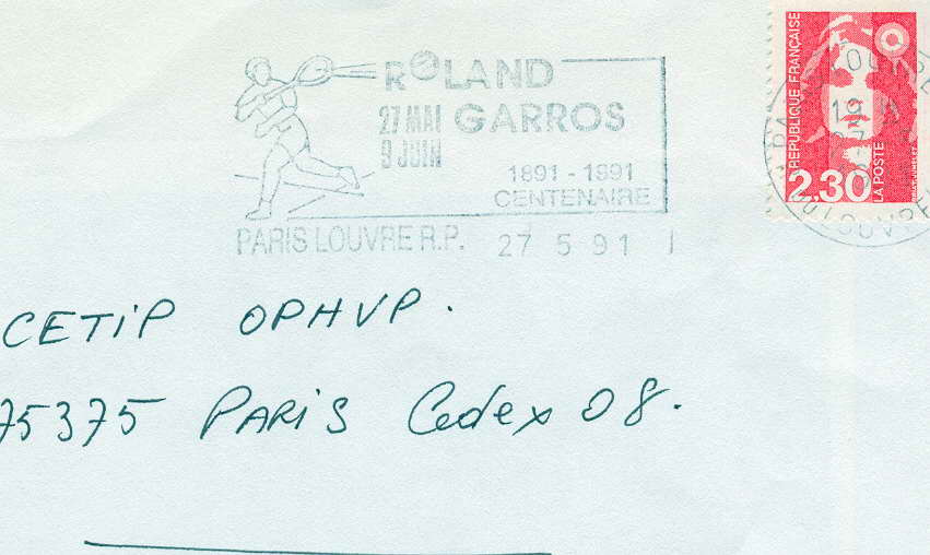 FRANCE OBLITERATION TEMPORAIRE PARIS ROLLAND GARROS 1991 - Tennis