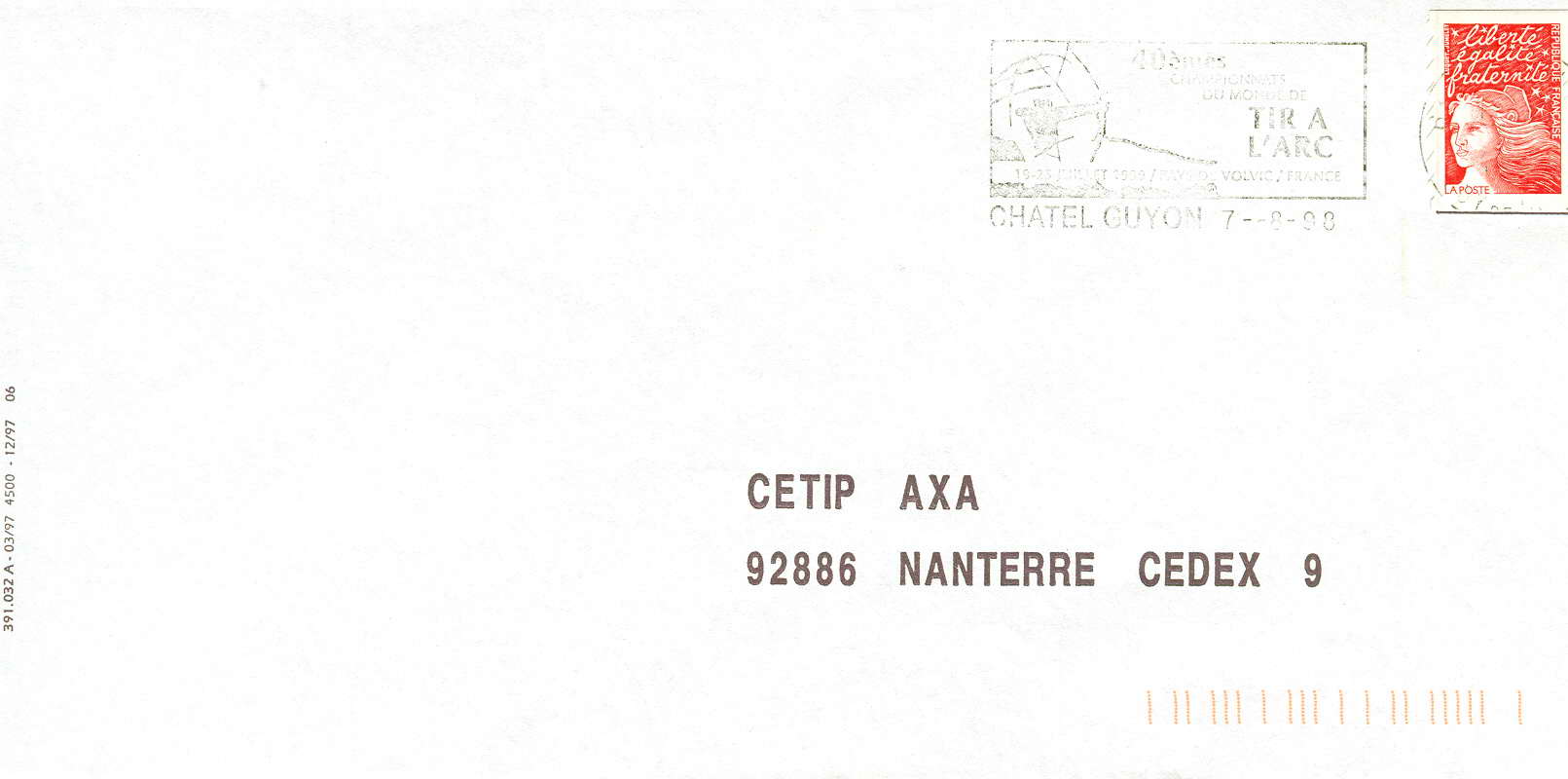 FRANCE OBLITERATION TEMPORAIRE 1998  CHATEL GUYON CHAMPIONNATS DU MONDE DE TIR A L'ARC - Bogenschiessen