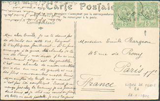 N°22(2) - 5 C. Vert-jaune En Paire, Obl. Dc LIGNE DE TUNIS S/C.V. (marchand De Parfum) Le 22/11/1905 Vers Paris.  -- 881 - Other & Unclassified