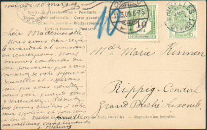 Belgique 5 C. Armoirie, Obl. Sc BRUXELLES S/C.V. Du 11-03-1909 Vers Rippig-Condorf -taxe N°2 (10 Cent.)  Superbe -- 888 - Segnatasse