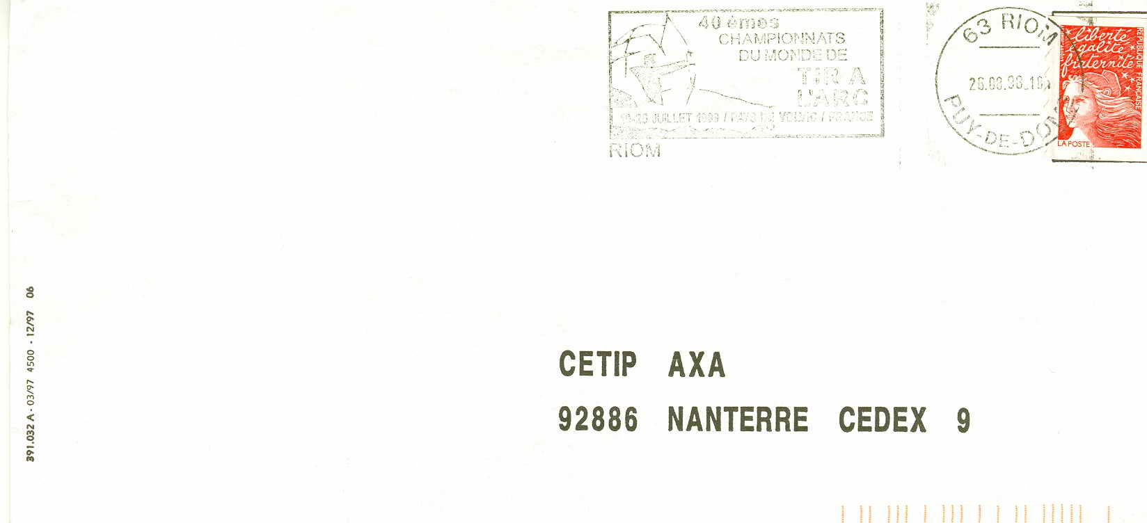 FRANCE OBLITERATION TEMPORAIRE  RIOM 1998 CHAMPIONNAT MONDE TIR ARC - Tir à L'Arc