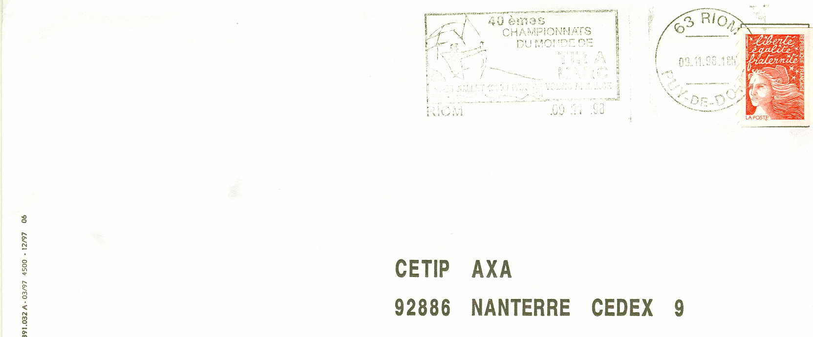 FRANCE OBLITERATION TEMPORAIRE  1998 RIOM CHAMPIONNAT MONDE TIR ARC - Tir à L'Arc