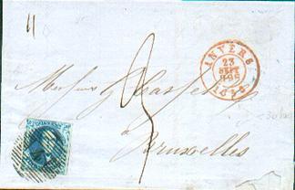 N°7 - Médaillon 20 Cent. Bleu, TB Margé, Obl. P. 4 S/L. D'ANVERS Le 23 Sept. 1853 Et Taxe 3 Décimes.  TB -- 921 - 1851-1857 Medaglioni (6/8)