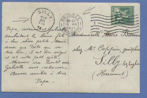 Postkaart Verzonden Van BRUSSEL 1 Op 15/08/1914 Naar SILLY Op 20/08/14  (Offensief W.O.I) - Altri & Non Classificati