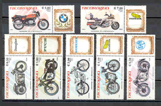 SÉRIE NOUVEAUX NICARAGUA CENTENAIRE DE INVENTION MOTOCYCLETTE 1985 - HONDA BMW DOUGLAS PUCH WANDERER FSSN - Motorbikes