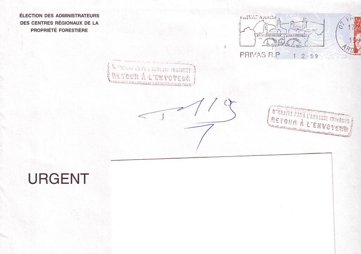 PAP: 2 PAPs TSC Election Des Administrateurs Des Centres De La Propriété Forestière 1999 Ayant Voyagés(voir Description) - Prêts-à-poster:Stamped On Demand & Semi-official Overprinting (1995-...)
