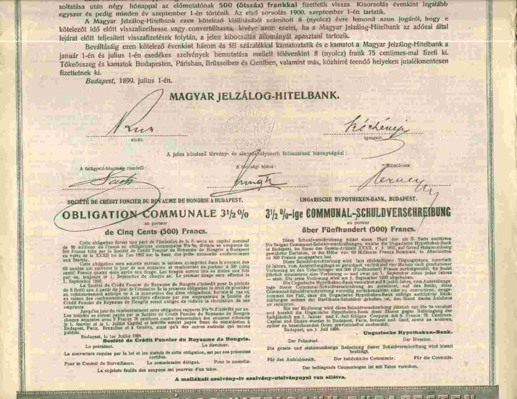 MAGYAR JELZALOG HITELBANK BUDAPESTEN  500 OTSZAV  (1899 ) - Banca & Assicurazione