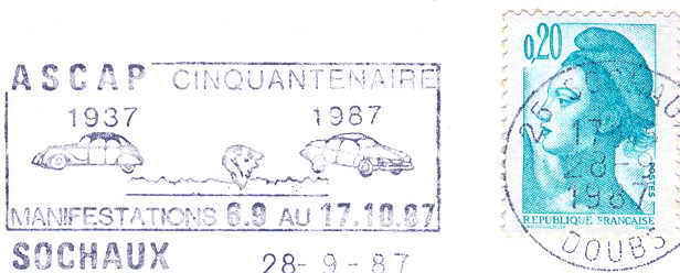 OBLITERATION TEMPORAIRE FRANCE 1987 SOCHAUX 50 ANS DE L´ASCAP - Automobile