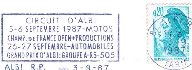 FRANCE OBLITERATION TEMPORAIRE 1987 GRAND PRIX D'ALBI GROUPE A 505 ET R5 - Automobile