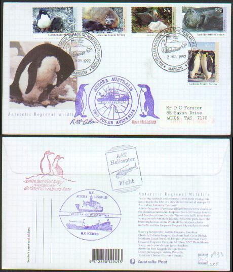 AUSTRALIAN ANTARCTIC TERRITORY 1992 MAWSON WILDLIFE COVER - SEALS, PENGUINS, BIRDS. HELICOPTER CANCEL - Autres & Non Classés