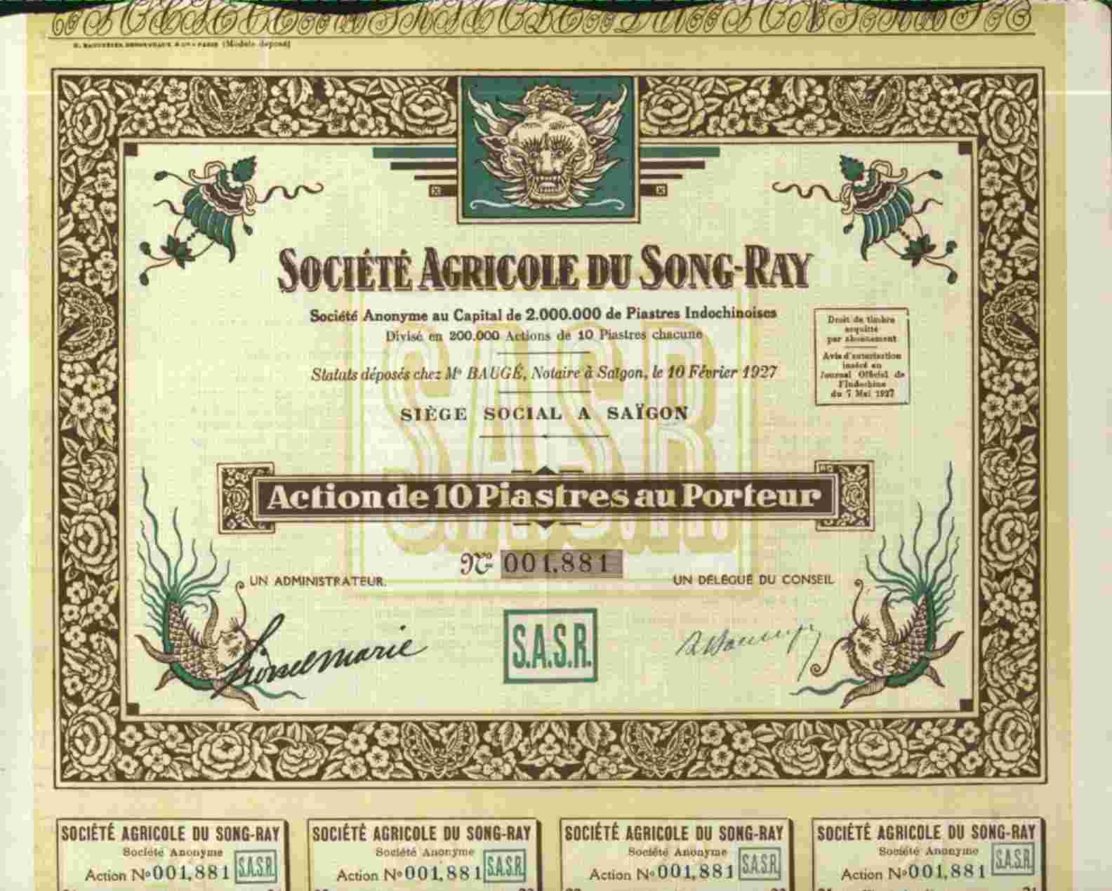 DECO : SOCIETE AGRICOLE DU SONG RAY (SAIGON)  INDOCHINE - Asia