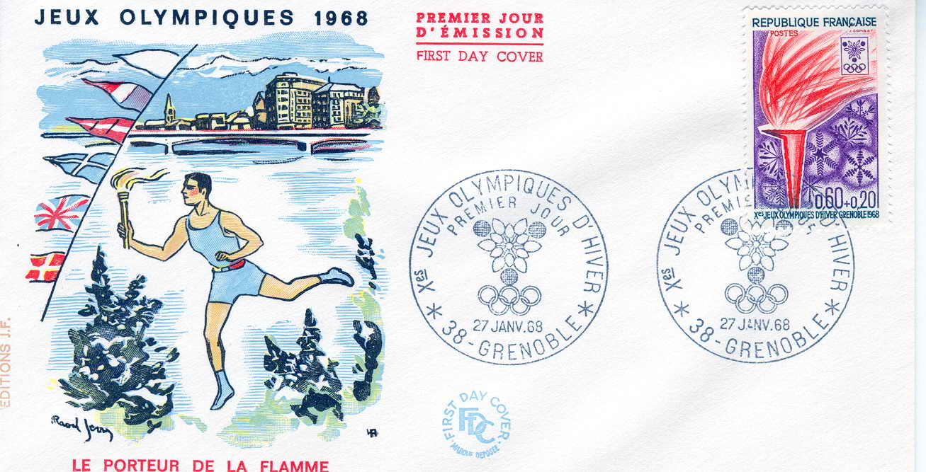 FRANCE FDC 1968 JEUX OLYMPIQUES DE GRENOBLE PARCOURS DE LA FLAMME OLYMPIQUE - Winter 1968: Grenoble