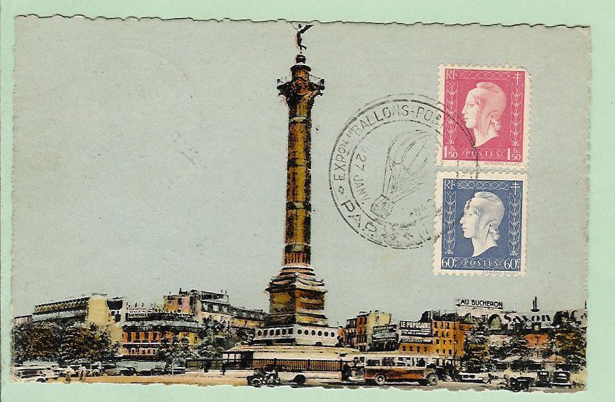 Ballonpost  Palace De La Bastille Et Colonne De Juillet  27-1-1946 - Montgolfières