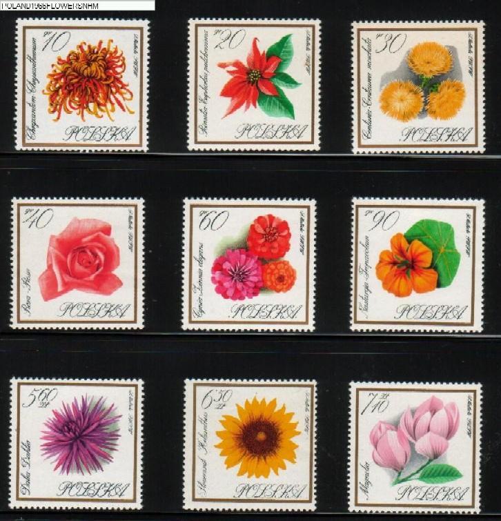 POLAND 1966 GARDEN FLOWERS SET OF 9 NHM - Unused Stamps